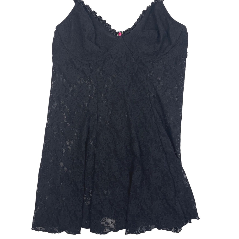 Vintage Black Lace Babydoll Chemise Slip Dress Ruffle Trim Rose Detail Size 2X